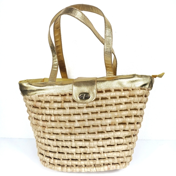 Bijoux Terner Yellow/Gold 100% Straw Bag Tote - Picture 1 of 8